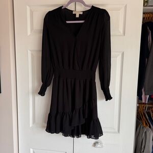 Michael Kors Black Ruffled Ruched V-Neck Sundress